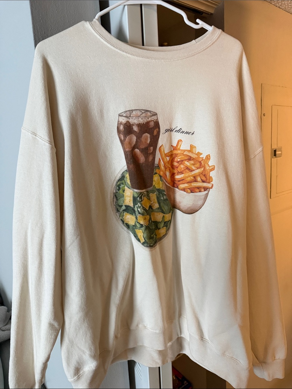 Cream Graphic Crewneck Sweatshirt with Fries & Drink Print - Girl Dinner!